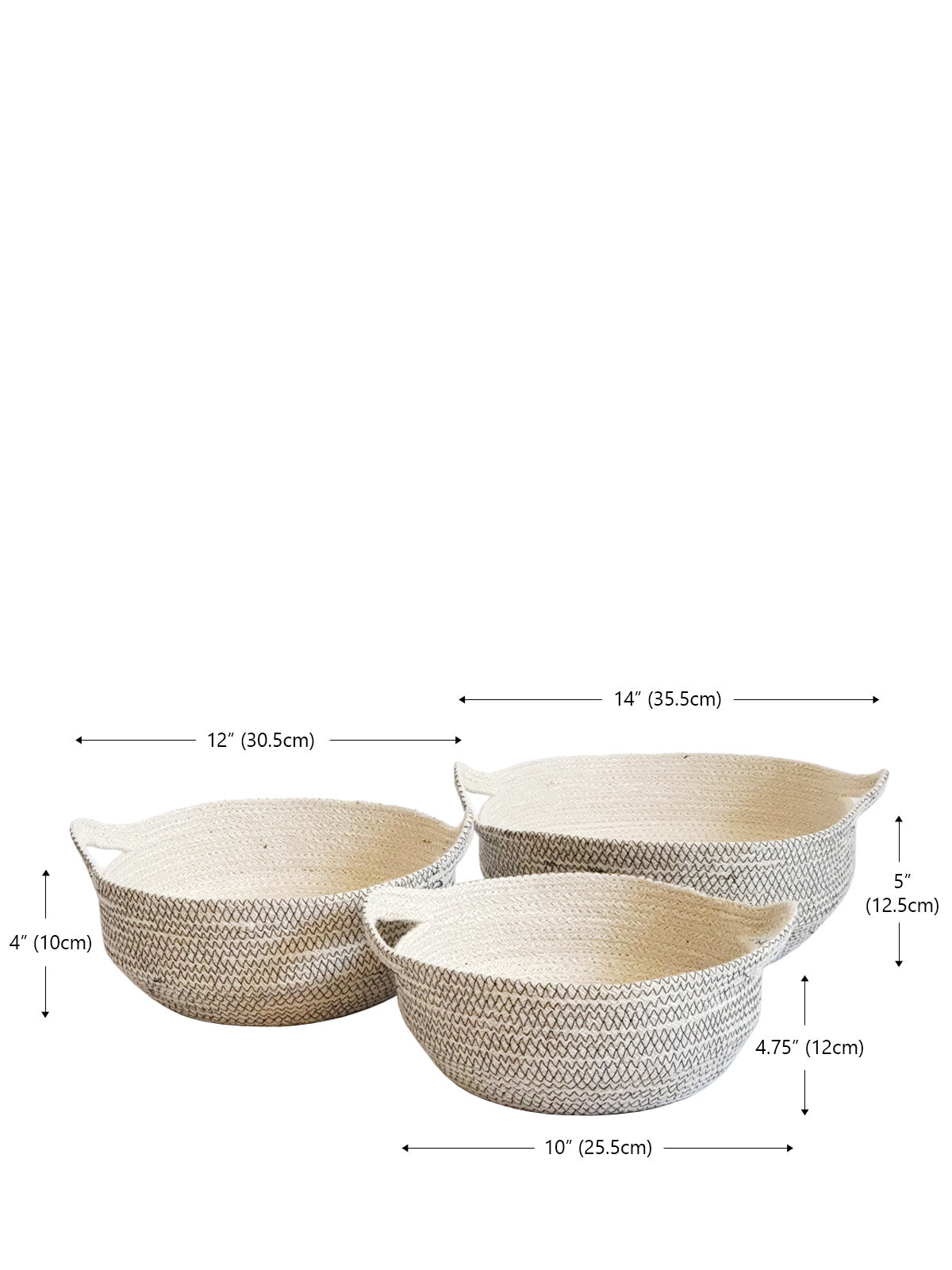 Three Amari Fruit Bowls in black are elegantly arranged on a white background. Handcrafted by Fair Trade artisans, these sustainably made pieces add an eco-friendly touch to any space.