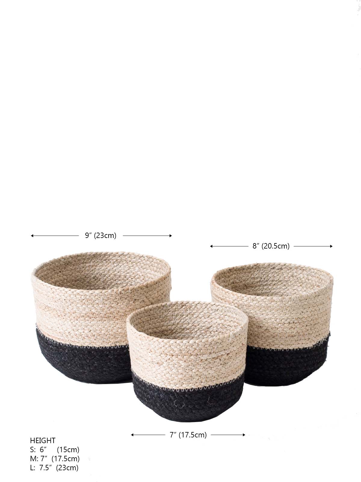 Three Naiya Bin baskets, handwoven by Fair Trade artisans with varying sizes and featuring natural upper halves and black lower halves, are arranged side by side against a light background.