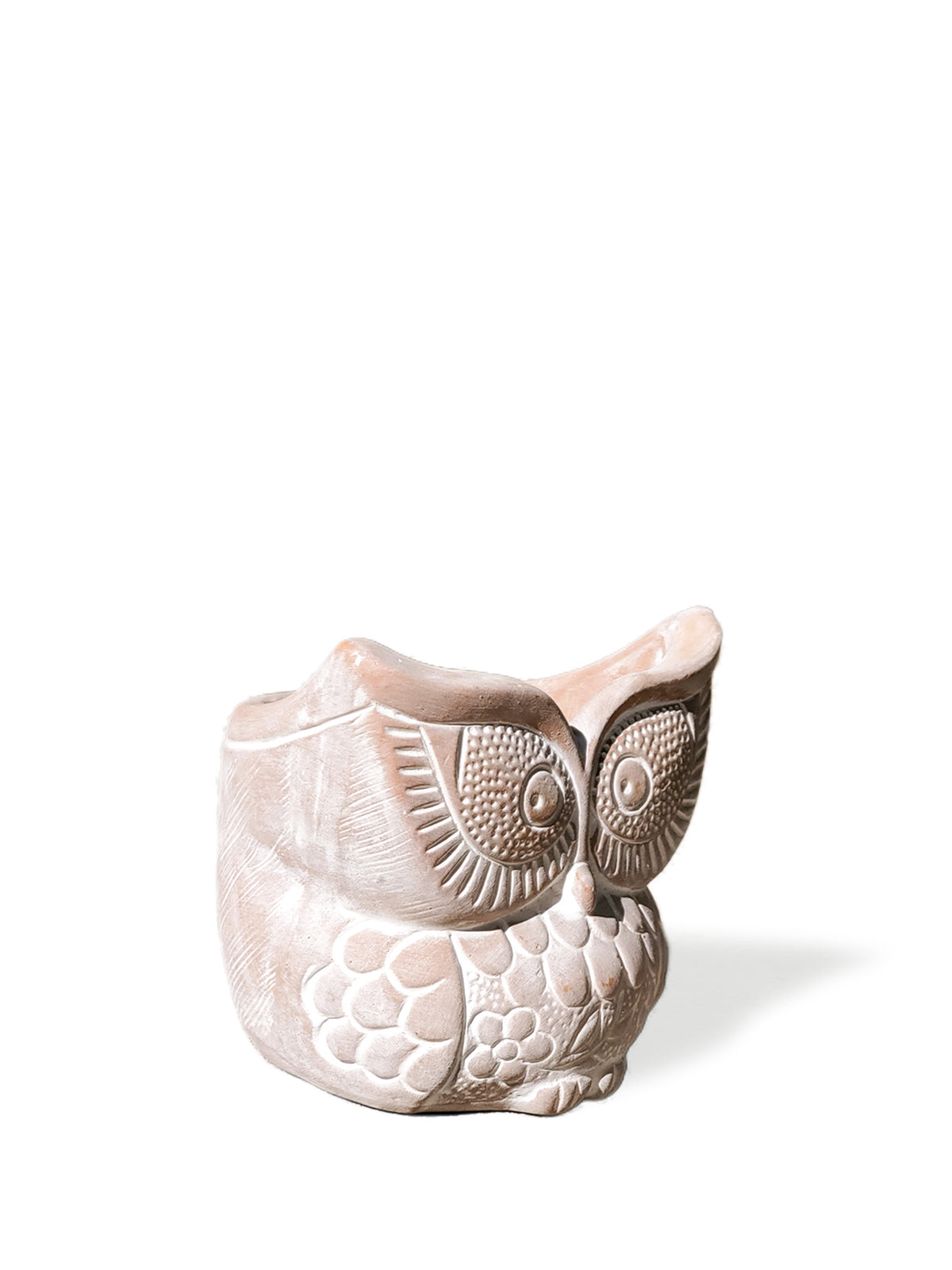 A Terracotta Pot - Big Eye Owl, featuring intricate patterns and large eyes, expertly crafted by skilled Fair Trade artisans, displayed against a plain white background.