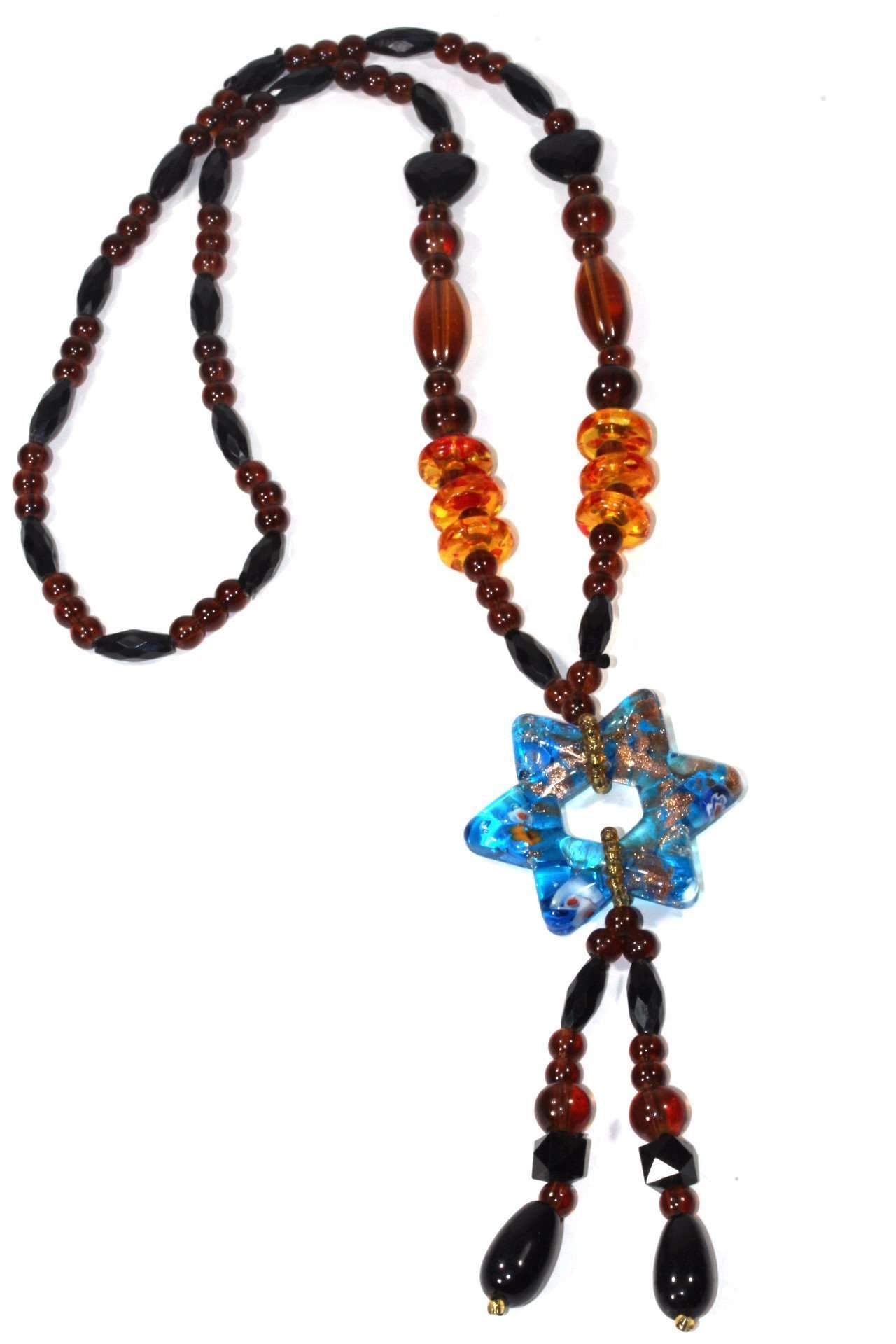 The Star Pendant Gypsy Style Shimmer Necklace features handmade jewelry with colored glass beads and a star-shaped pendant that displays a captivating blue and orange swirl pattern.