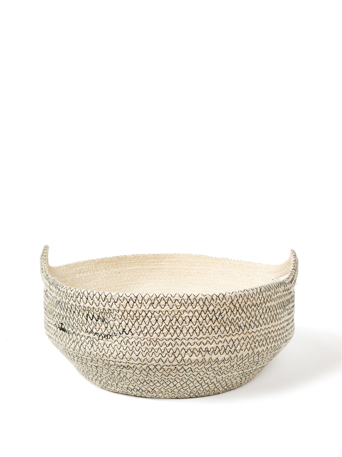 Three Amari Fruit Bowls in black are elegantly arranged on a white background. Handcrafted by Fair Trade artisans, these sustainably made pieces add an eco-friendly touch to any space.