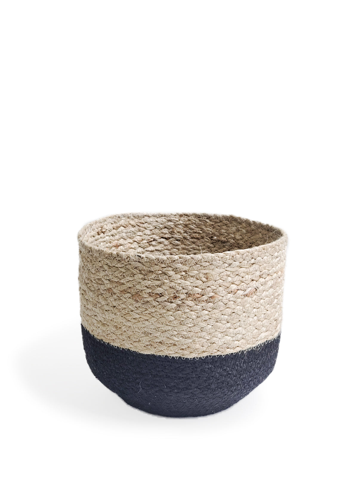Three Naiya Bin baskets, handwoven by Fair Trade artisans with varying sizes and featuring natural upper halves and black lower halves, are arranged side by side against a light background.