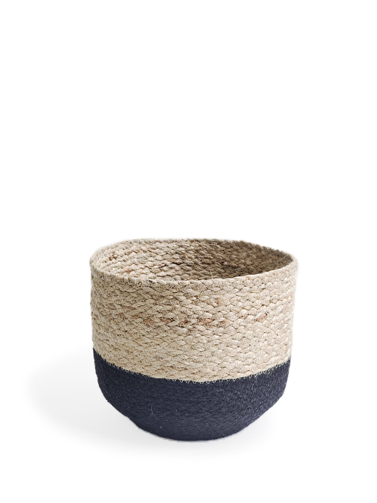 Three Naiya Bin baskets, handwoven by Fair Trade artisans with varying sizes and featuring natural upper halves and black lower halves, are arranged side by side against a light background.