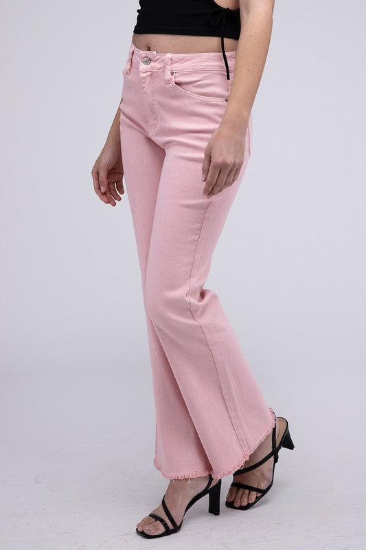 A person standing in Acid Washed Frayed Cutoff Hem Straight Wide Pants with black heeled sandals against a plain background.