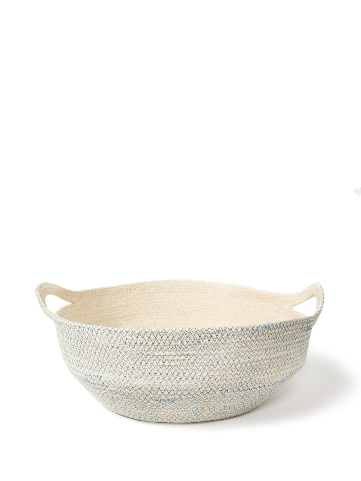 Three round, handwoven blue Amari fruit bowls are nested together. Crafted by Fair Trade artisans, these sustainably handmade pieces add a touch of elegance to any space.