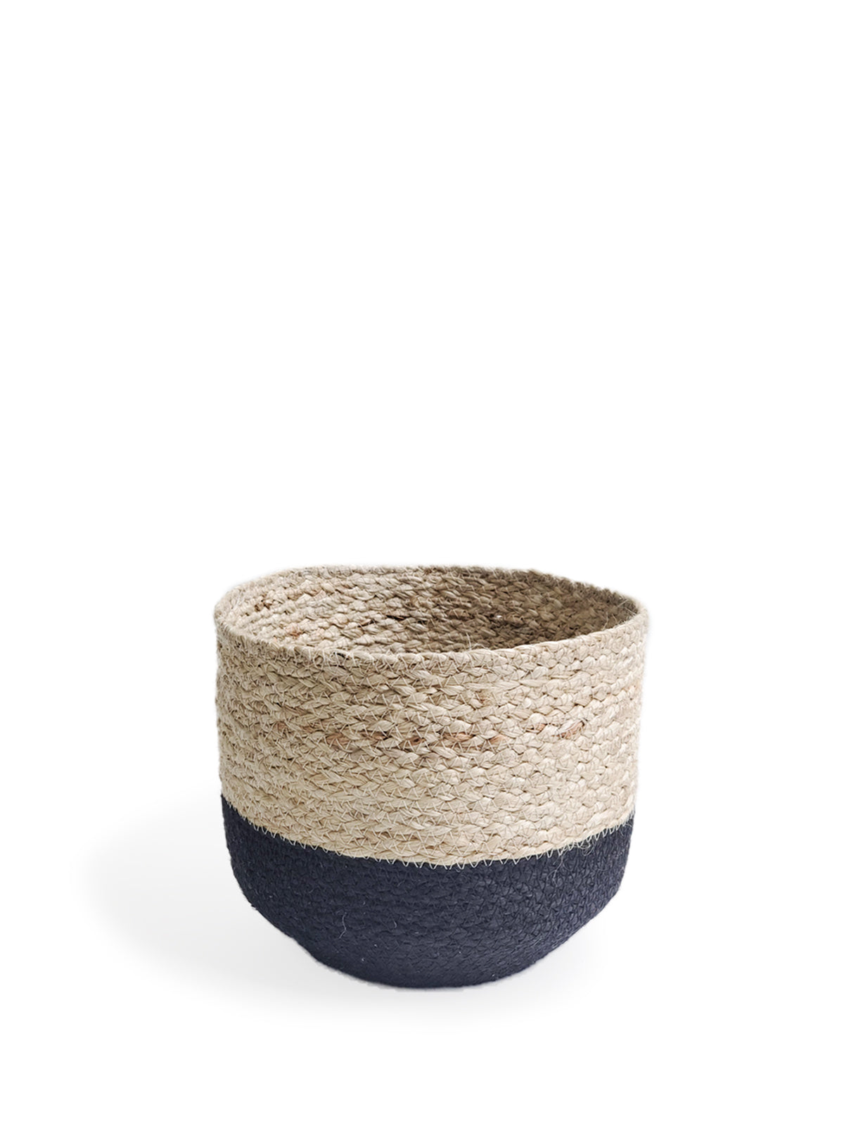Three Naiya Bin baskets, handwoven by Fair Trade artisans with varying sizes and featuring natural upper halves and black lower halves, are arranged side by side against a light background.