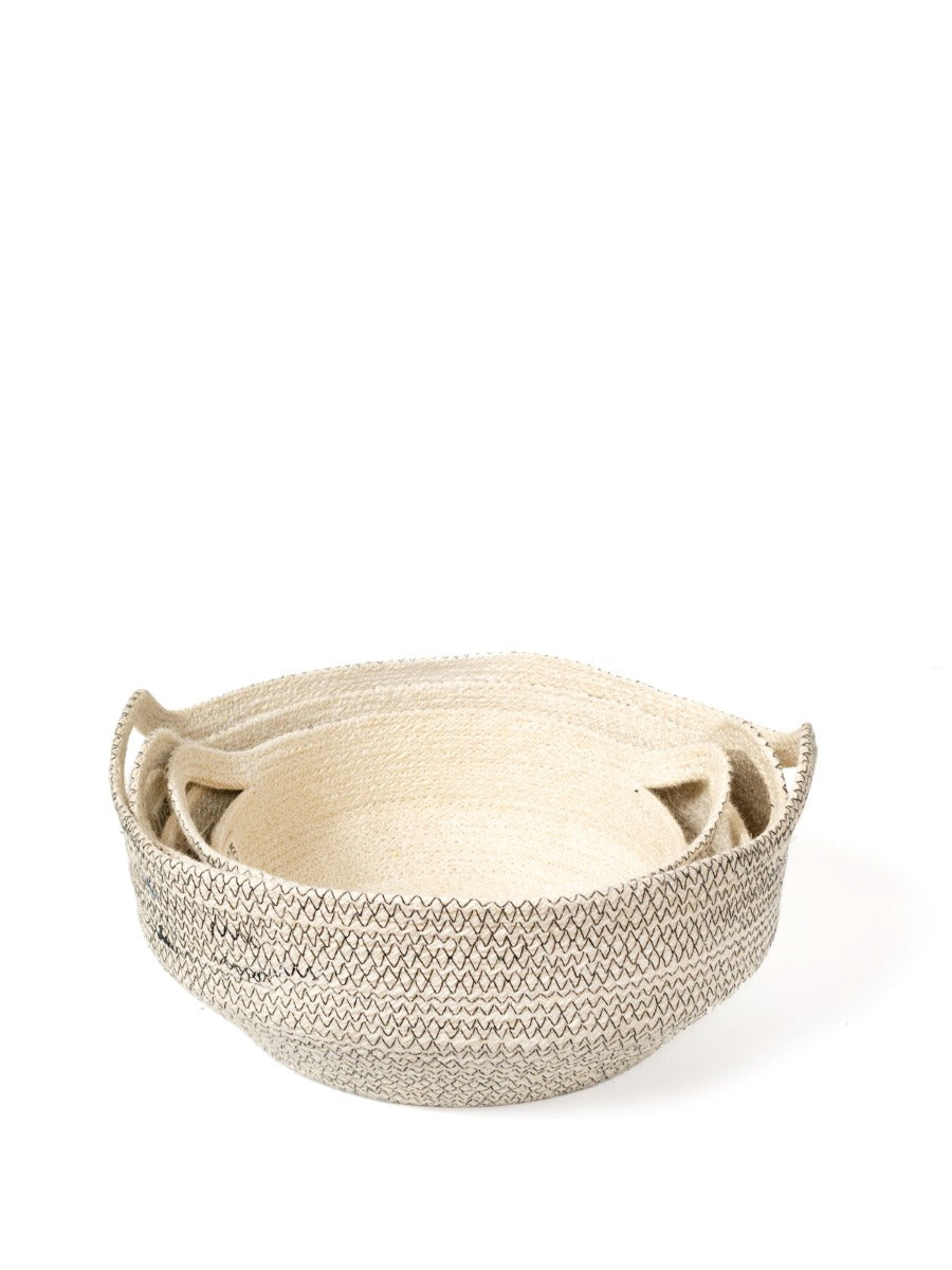 Three Amari Fruit Bowls in black are elegantly arranged on a white background. Handcrafted by Fair Trade artisans, these sustainably made pieces add an eco-friendly touch to any space.