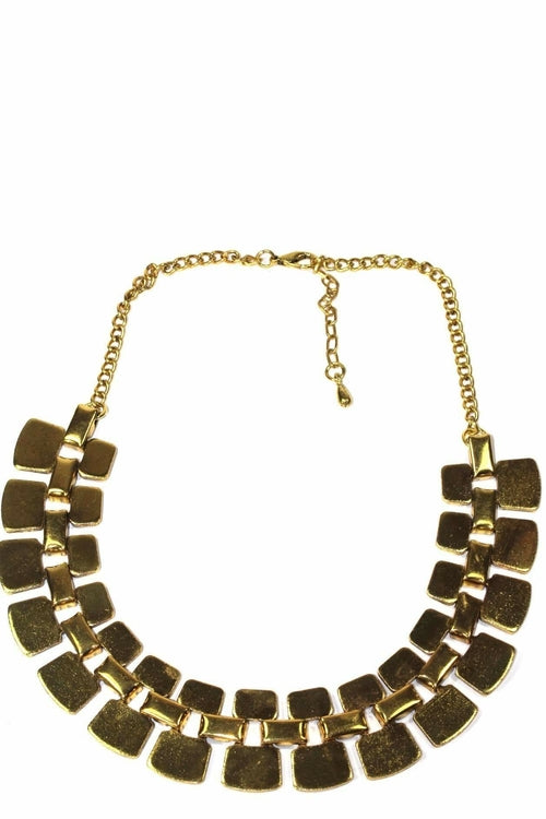 The Golden Nugget Tribal Necklace features square-shaped pendants and an adjustable chain clasp, embodying a tribal style in antique gold.