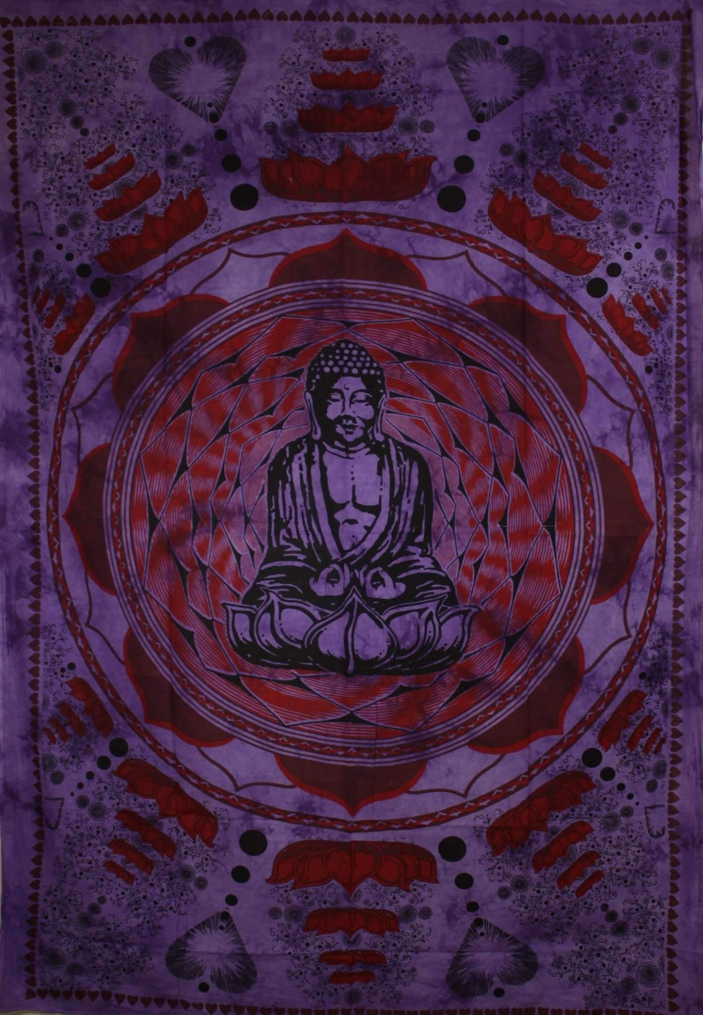 A tapestry named "Purple Buddha In Dharma Chakra Mudra On A Lotus Flower" features a meditative figure similar to Buddha in a lotus pose, surrounded by geometric and abstract patterns in purple and red hues, with delicate lotus flowers enhancing its serene ambiance.