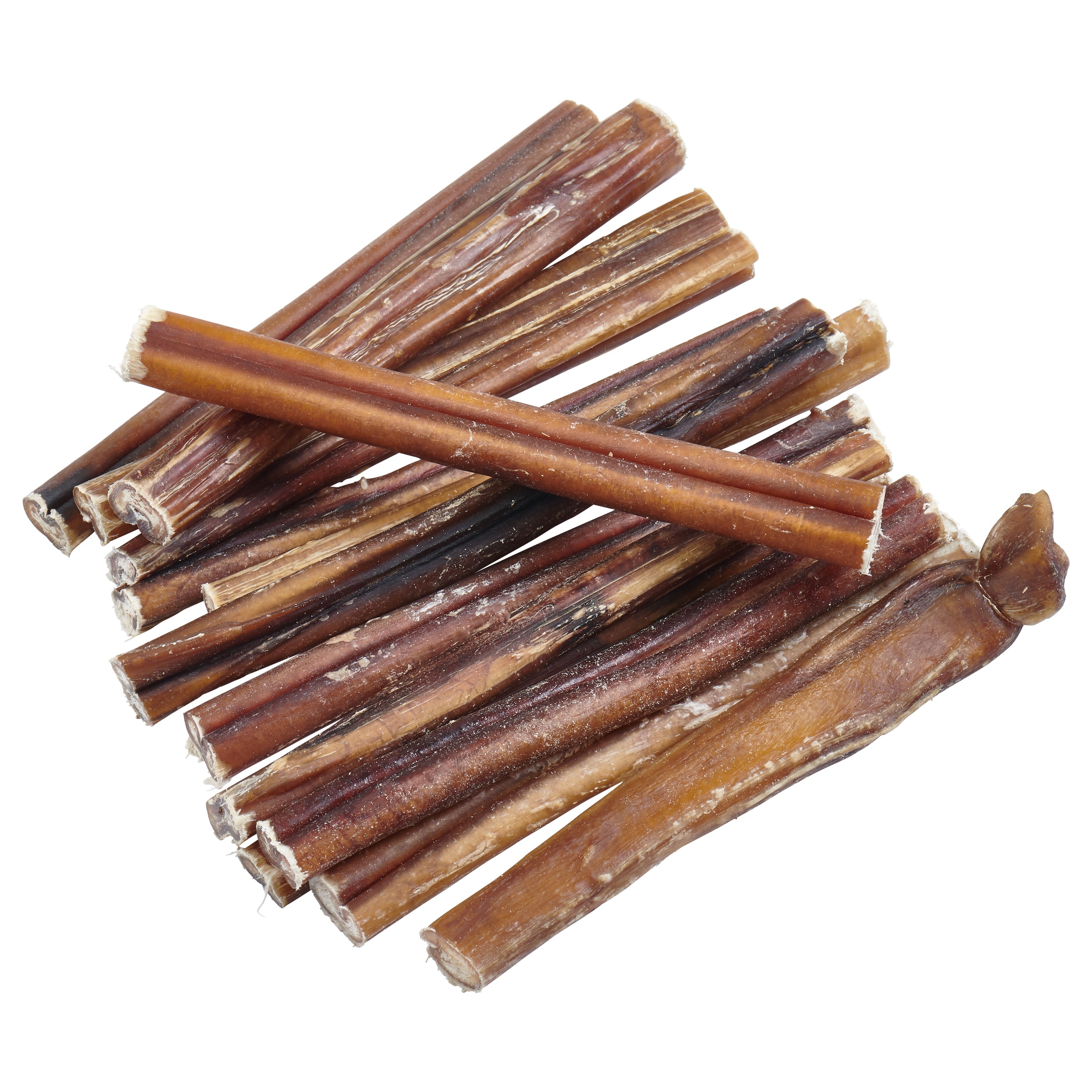 The packaging of the Brazilian Grass-Fed Beef Bully Sticks features an image of a joyful dog and prominently declares 100% natural ingredients. The bag is filled with brown treats, emphasizing the use of premium grass-fed bully sticks for your furry companion.