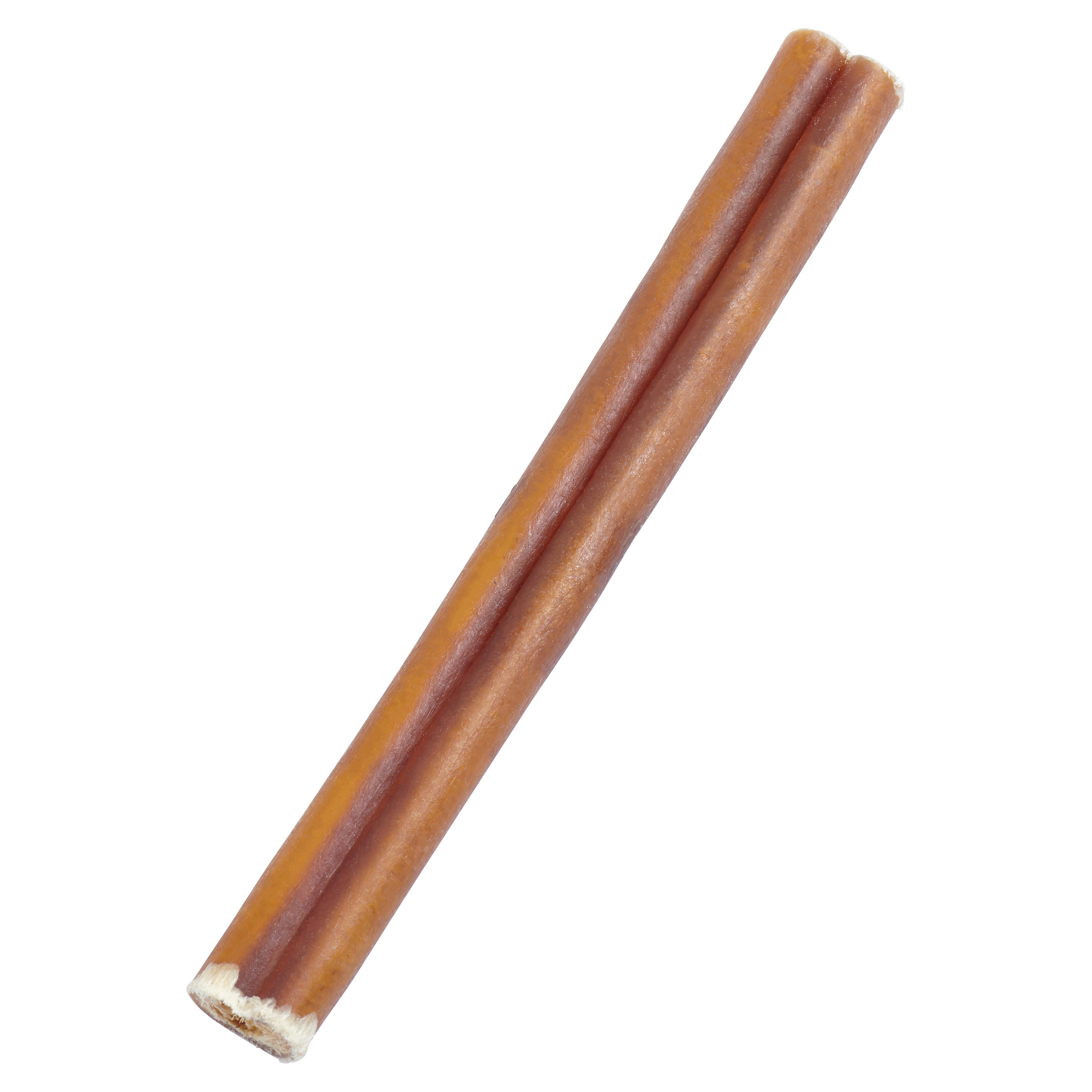 The packaging of the Brazilian Grass-Fed Beef Bully Sticks features an image of a joyful dog and prominently declares 100% natural ingredients. The bag is filled with brown treats, emphasizing the use of premium grass-fed bully sticks for your furry companion.