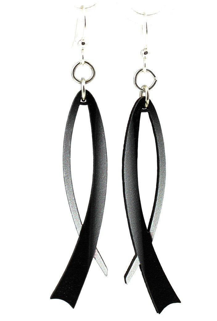 The Modern Ribbon Earrings #1546 feature two intertwined black leather loops with silver hooks and incorporate sustainably sourced wood elements, adding an eco-friendly touch to a sleek and modern design.