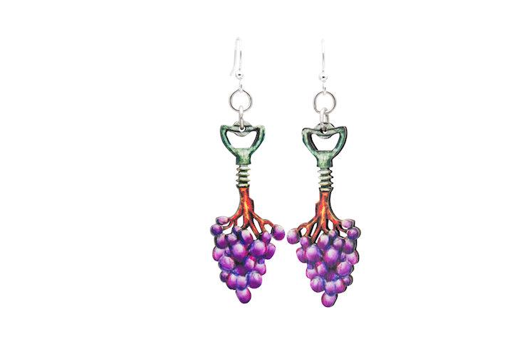 The Corkscrew Grape Vine Earrings #1625 boast grape bunch designs and green branches made from sustainably sourced wood, offering a chic and eco-friendly accessory choice.