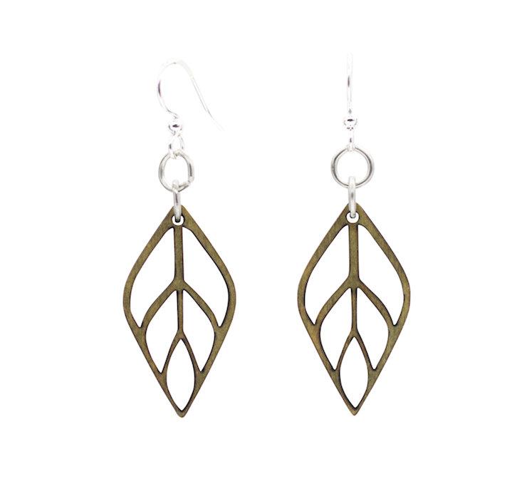 Introducing the Flame Blossom Earrings #178, a striking pair of leaf-shaped geometric earrings made from sustainably sourced wood and equipped with hypoallergenic stainless steel hooks.