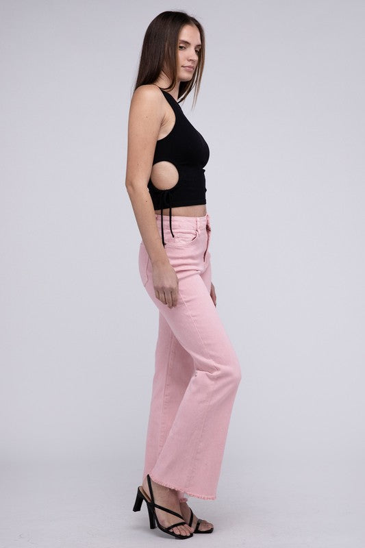 A person standing in Acid Washed Frayed Cutoff Hem Straight Wide Pants with black heeled sandals against a plain background.