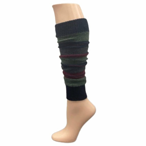 The Girl's Stripe Lambswool Knee Hi Leg Warmers, adorned with colorful stripes in blue, pink, purple, and white, are showcased on a mannequin leg as cozy essentials for the cold season.