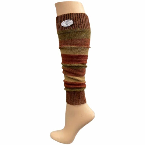 The Girl's Stripe Lambswool Knee Hi Leg Warmers, adorned with colorful stripes in blue, pink, purple, and white, are showcased on a mannequin leg as cozy essentials for the cold season.