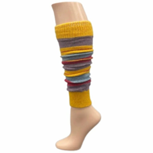 The Girl's Stripe Lambswool Knee Hi Leg Warmers, adorned with colorful stripes in blue, pink, purple, and white, are showcased on a mannequin leg as cozy essentials for the cold season.