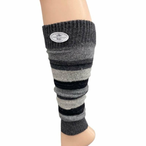 The Girl's Stripe Lambswool Knee Hi Leg Warmers, adorned with colorful stripes in blue, pink, purple, and white, are showcased on a mannequin leg as cozy essentials for the cold season.