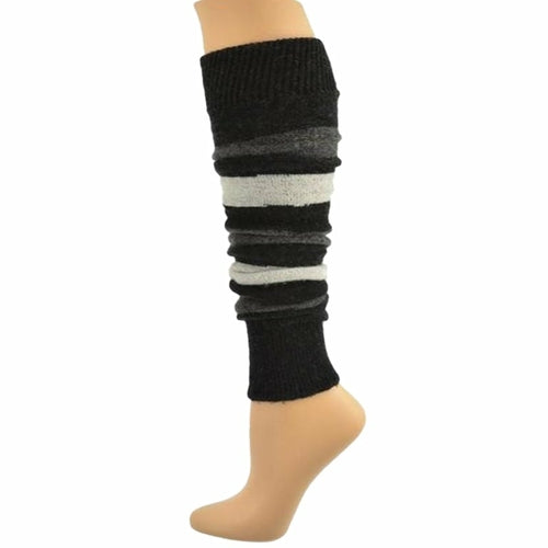 The Girl's Stripe Lambswool Knee Hi Leg Warmers, adorned with colorful stripes in blue, pink, purple, and white, are showcased on a mannequin leg as cozy essentials for the cold season.