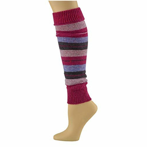 The Girl's Stripe Lambswool Knee Hi Leg Warmers, adorned with colorful stripes in blue, pink, purple, and white, are showcased on a mannequin leg as cozy essentials for the cold season.
