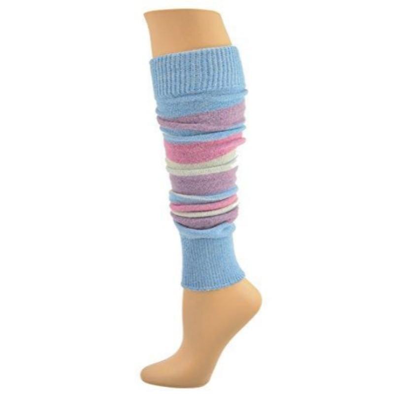 The Girl's Stripe Lambswool Knee Hi Leg Warmers, adorned with colorful stripes in blue, pink, purple, and white, are showcased on a mannequin leg as cozy essentials for the cold season.