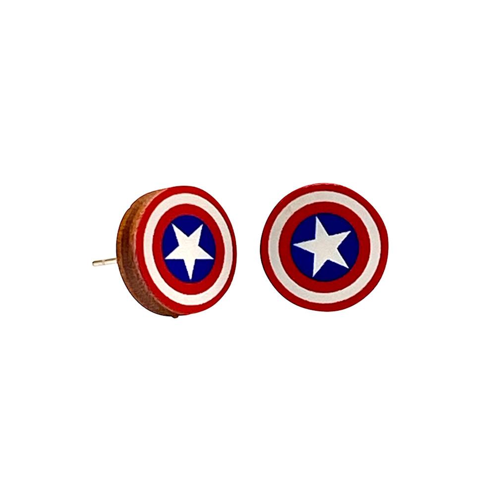 Discover our American Shield Stud Earrings #3099: round studs featuring a red, white, and blue circular design with a central star, crafted from hypoallergenic silver-plated brass for comfort on sensitive ears—ideal for a patriotic and stylish statement look.