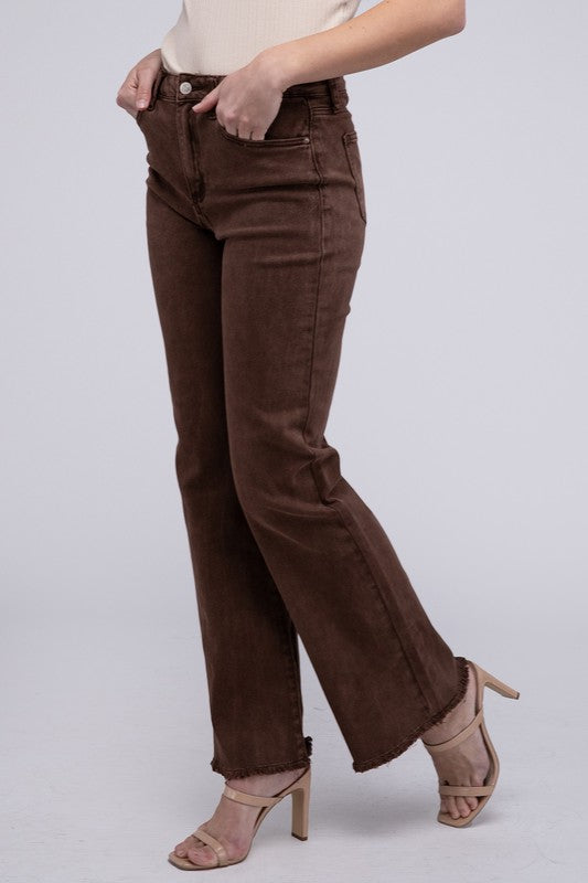A person standing in Acid Washed Frayed Cutoff Hem Straight Wide Pants with black heeled sandals against a plain background.
