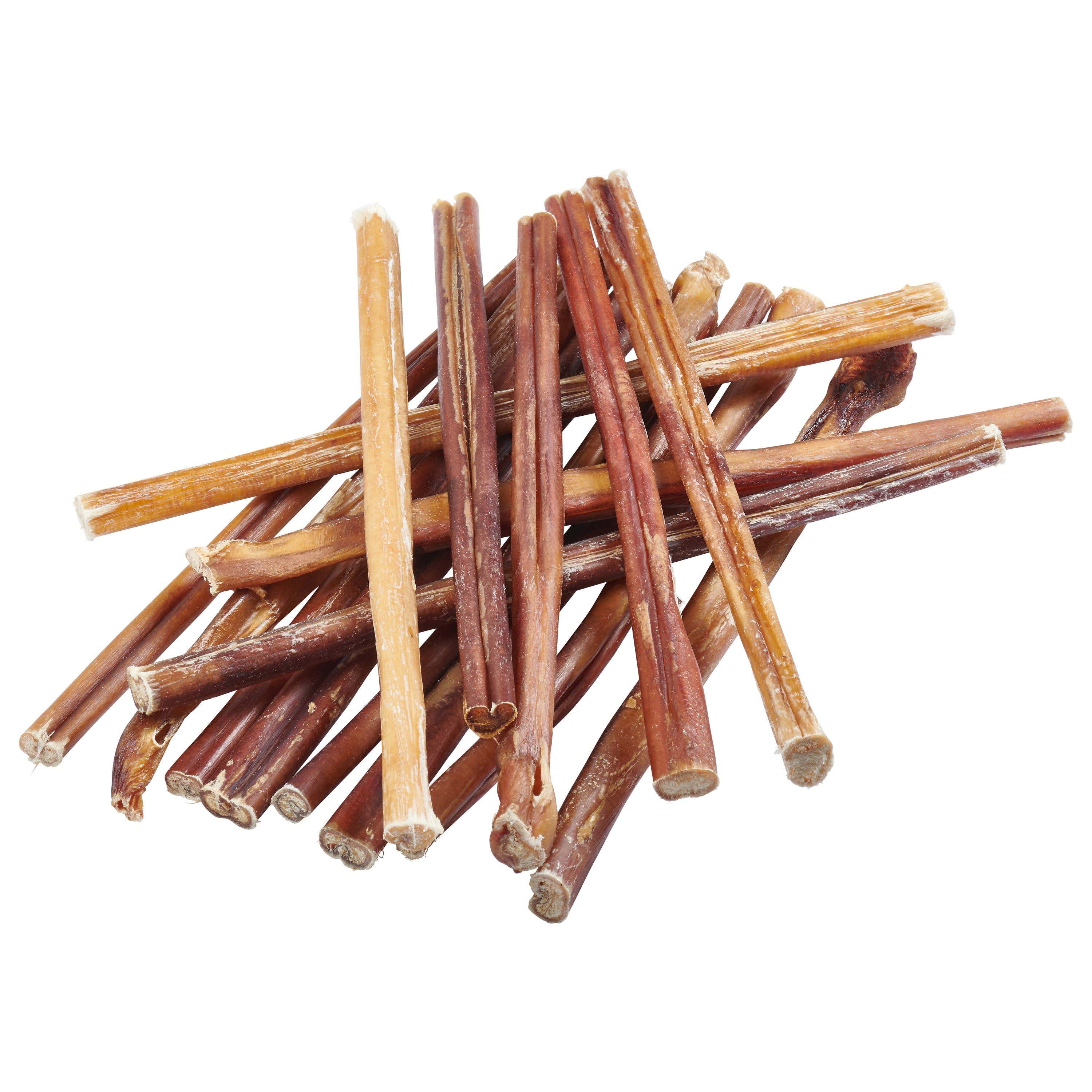 The packaging of the Brazilian Grass-Fed Beef Bully Sticks features an image of a joyful dog and prominently declares 100% natural ingredients. The bag is filled with brown treats, emphasizing the use of premium grass-fed bully sticks for your furry companion.