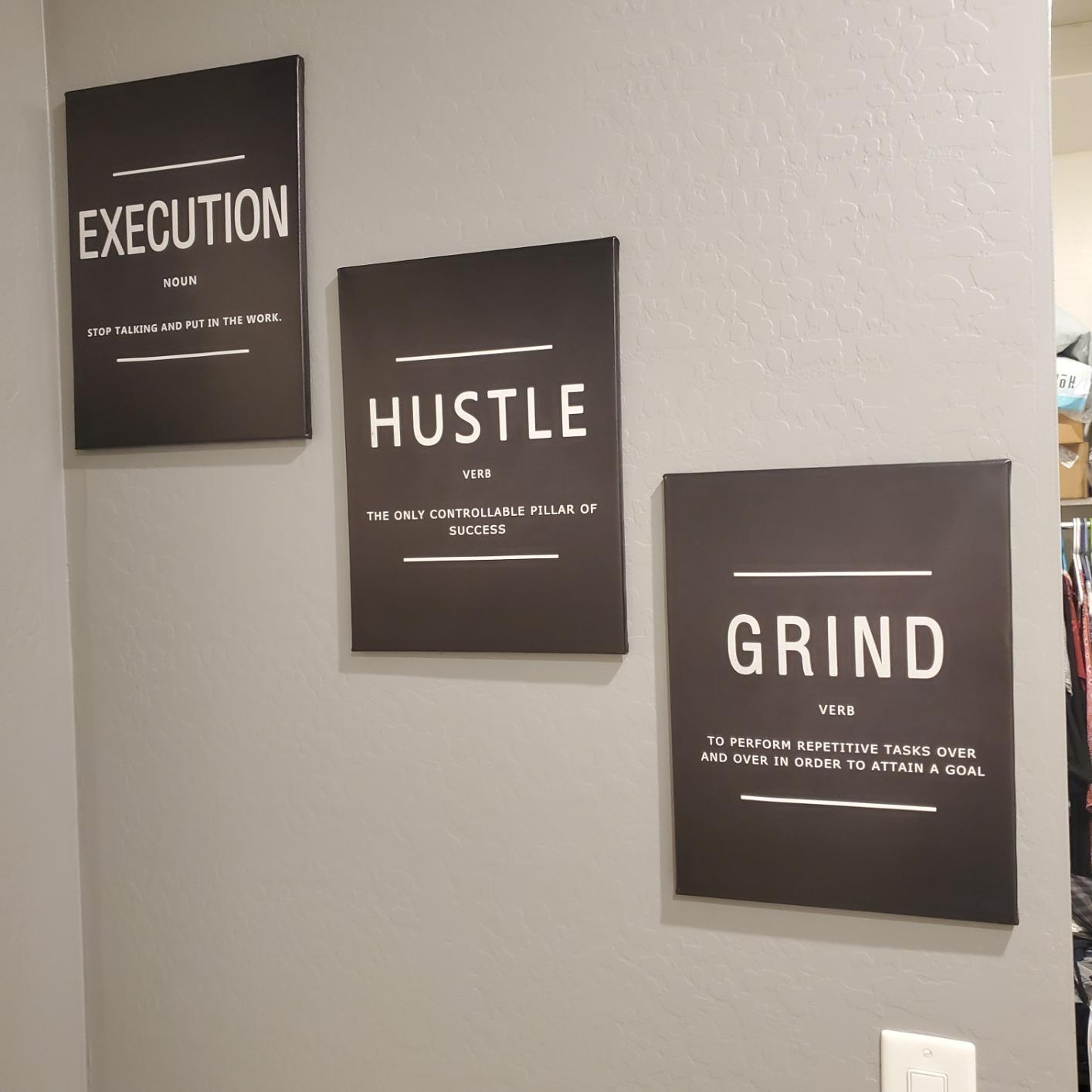 Explore the KAWAHONE Canvas Painting Wall Art set, featuring three distinct motivational posters on sleek black backgrounds, each emphasizing Grind, Hustle, and Execution. Enjoy fast shipping and secure payment options with every purchase to quickly inspire your space.
