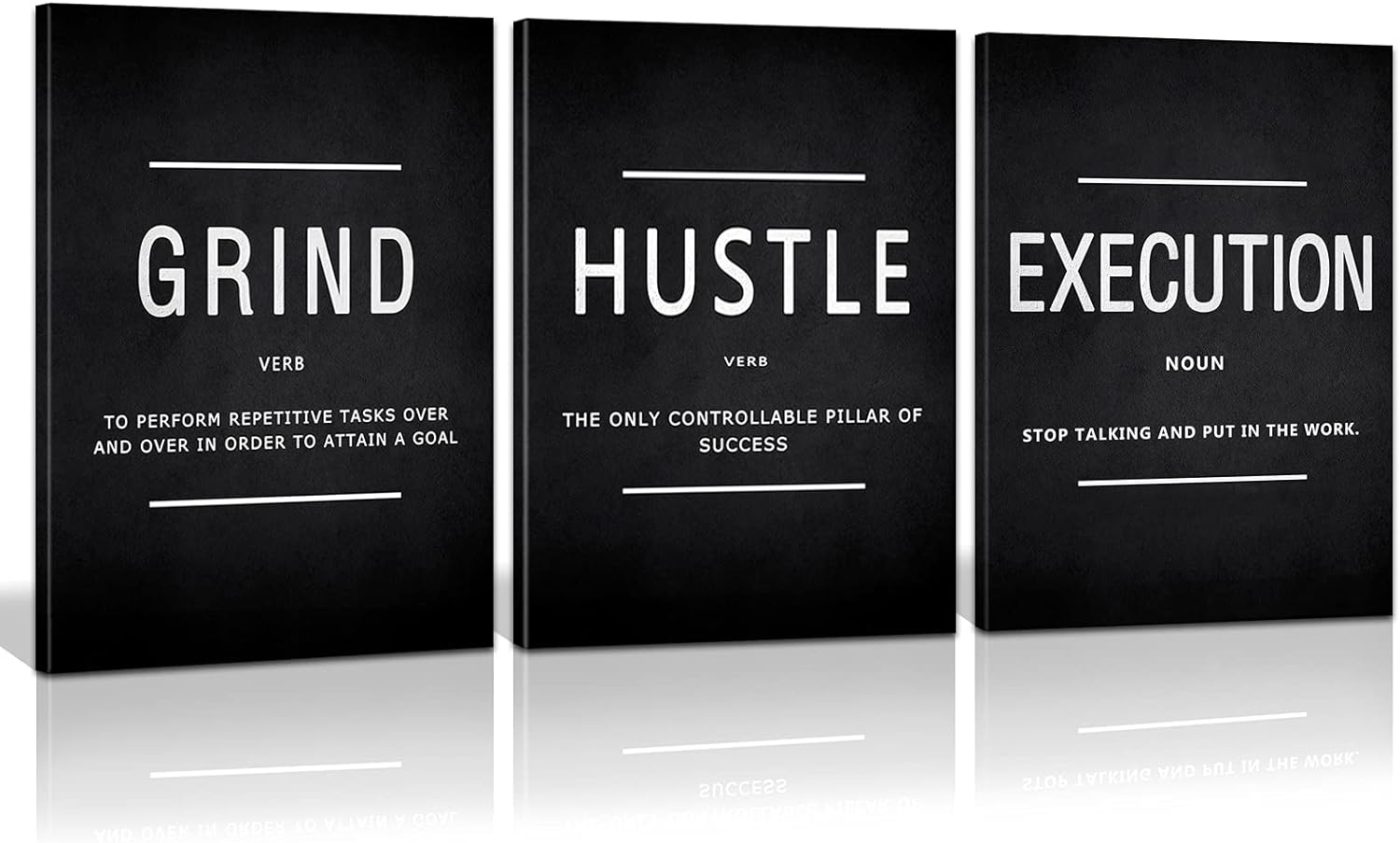 Explore the KAWAHONE Canvas Painting Wall Art set, featuring three distinct motivational posters on sleek black backgrounds, each emphasizing Grind, Hustle, and Execution. Enjoy fast shipping and secure payment options with every purchase to quickly inspire your space.
