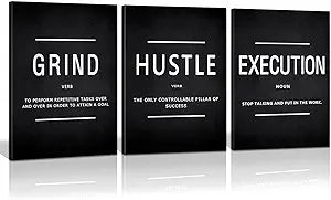 Explore the KAWAHONE Canvas Painting Wall Art set, featuring three distinct motivational posters on sleek black backgrounds, each emphasizing Grind, Hustle, and Execution. Enjoy fast shipping and secure payment options with every purchase to quickly inspire your space.