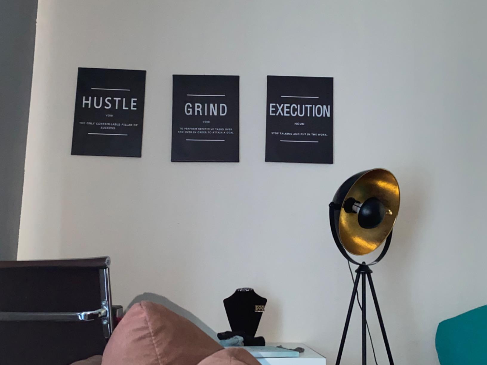 Explore the KAWAHONE Canvas Painting Wall Art set, featuring three distinct motivational posters on sleek black backgrounds, each emphasizing Grind, Hustle, and Execution. Enjoy fast shipping and secure payment options with every purchase to quickly inspire your space.