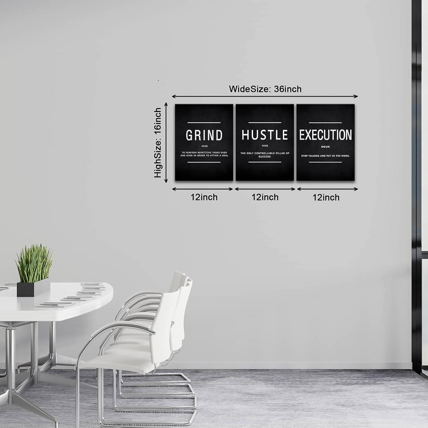 Explore the KAWAHONE Canvas Painting Wall Art set, featuring three distinct motivational posters on sleek black backgrounds, each emphasizing Grind, Hustle, and Execution. Enjoy fast shipping and secure payment options with every purchase to quickly inspire your space.