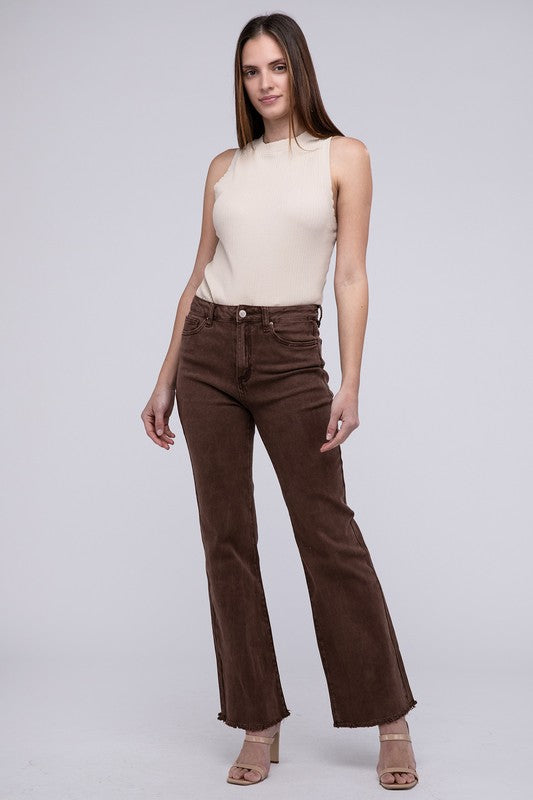 A person standing in Acid Washed Frayed Cutoff Hem Straight Wide Pants with black heeled sandals against a plain background.