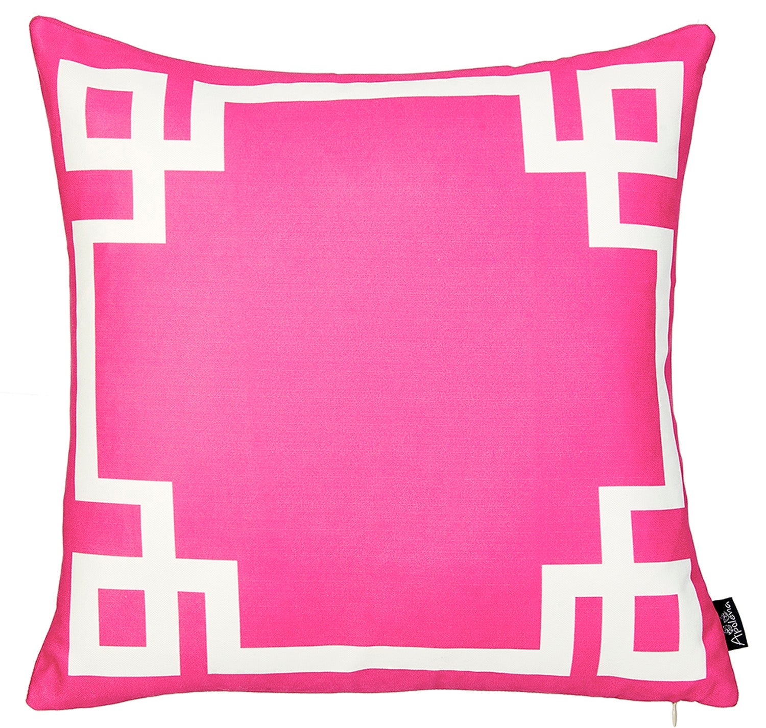 A black wicker chair adorned with a Geometric Pink & White Square 18" Throw Pillow Cover & Insert, crafted from OEKO-TEX certified fabrics and designed with a striking white geometric border.