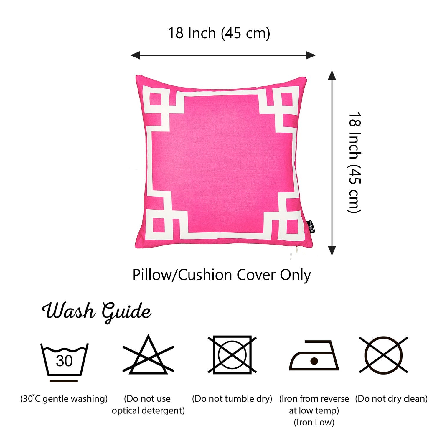 A black wicker chair adorned with a Geometric Pink & White Square 18" Throw Pillow Cover & Insert, crafted from OEKO-TEX certified fabrics and designed with a striking white geometric border.