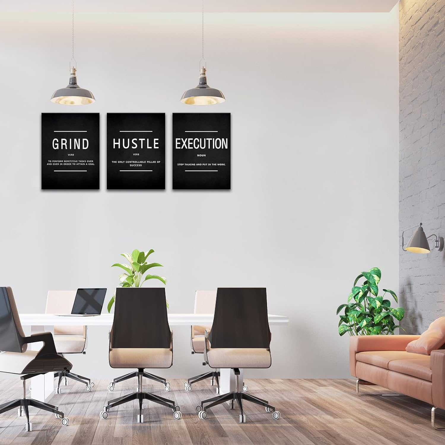 Explore the KAWAHONE Canvas Painting Wall Art set, featuring three distinct motivational posters on sleek black backgrounds, each emphasizing Grind, Hustle, and Execution. Enjoy fast shipping and secure payment options with every purchase to quickly inspire your space.