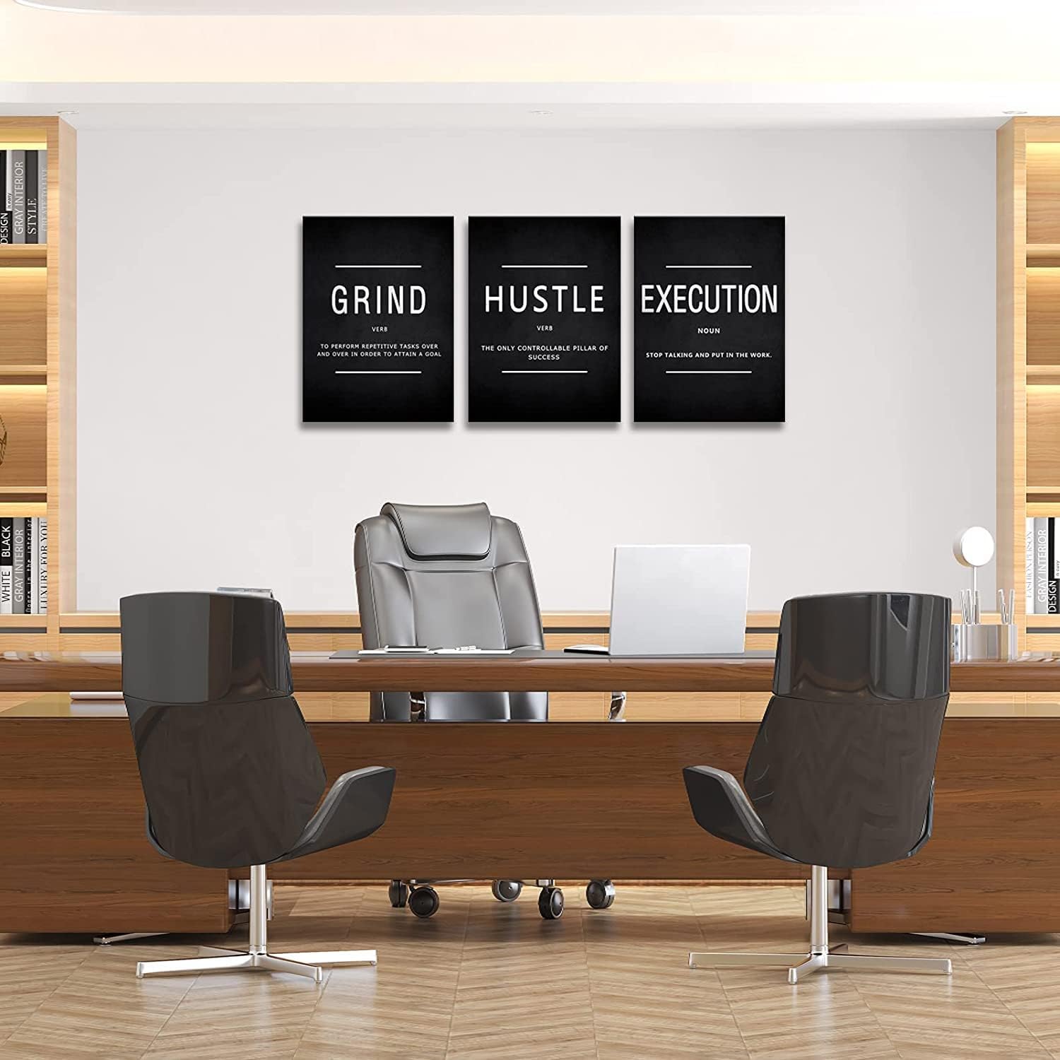 Explore the KAWAHONE Canvas Painting Wall Art set, featuring three distinct motivational posters on sleek black backgrounds, each emphasizing Grind, Hustle, and Execution. Enjoy fast shipping and secure payment options with every purchase to quickly inspire your space.