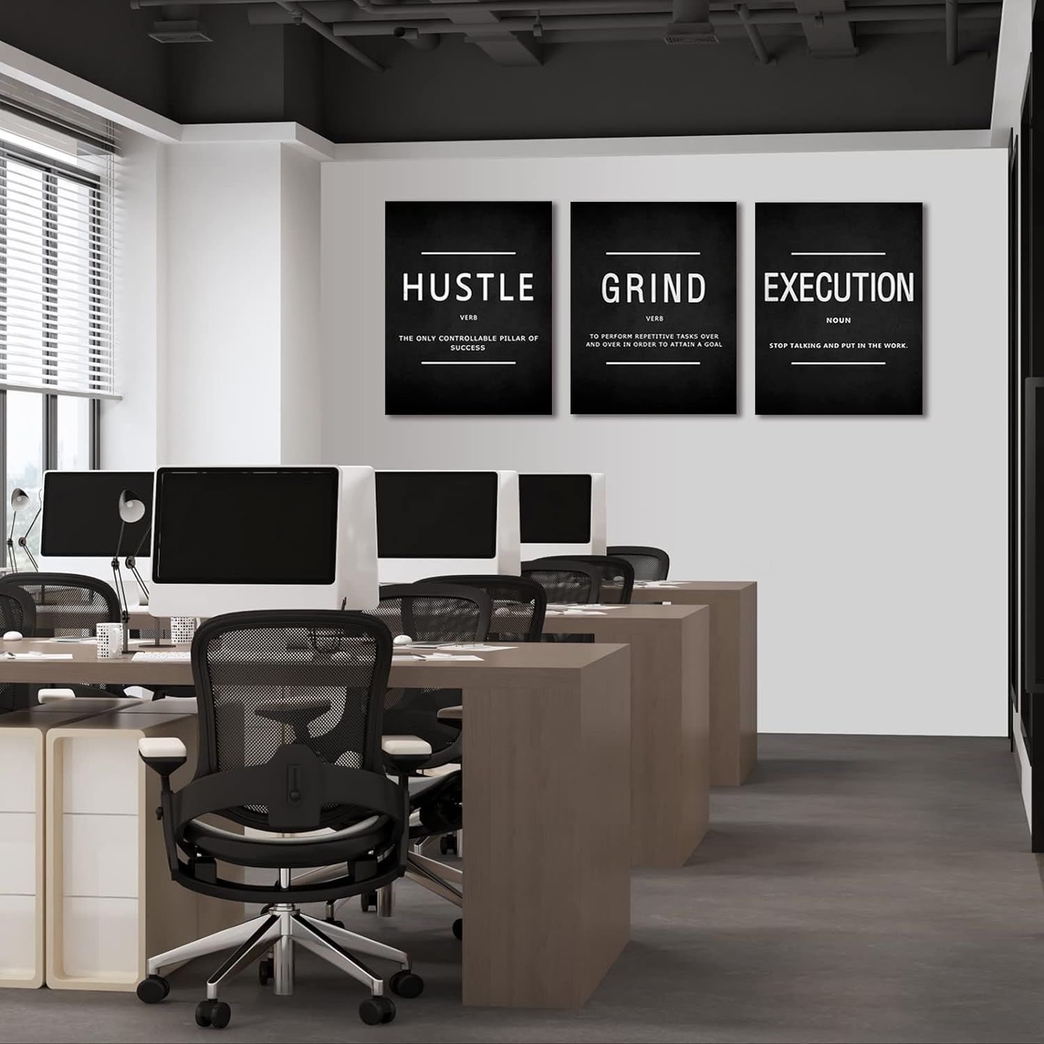 Explore the KAWAHONE Canvas Painting Wall Art set, featuring three distinct motivational posters on sleek black backgrounds, each emphasizing Grind, Hustle, and Execution. Enjoy fast shipping and secure payment options with every purchase to quickly inspire your space.