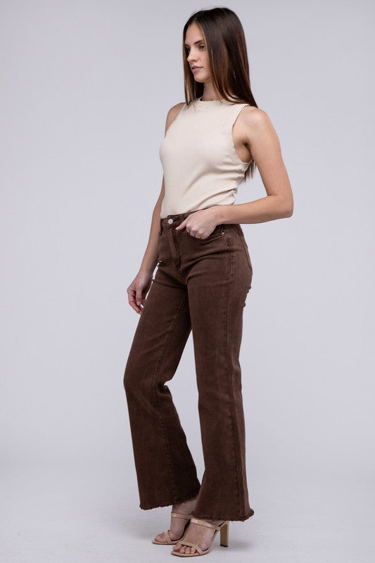 A person standing in Acid Washed Frayed Cutoff Hem Straight Wide Pants with black heeled sandals against a plain background.
