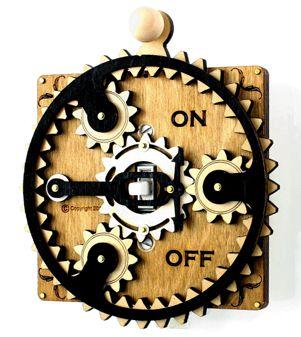 The Single Planetary Switch Plate 8002D Tan is a wooden gear mechanism for a light switch, with "ON" and "OFF" labels. It combines functionality with rustic charm, enhancing any room with its unique design.