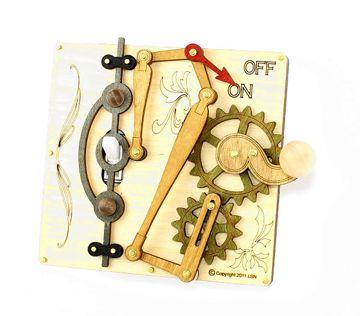 The Single Lever Switch Plate 8003E Natural Wood, decorated with gears and levers labeled "OFF" and "ON," is a fascinating piece combining industrial charm with the warmth of wood.