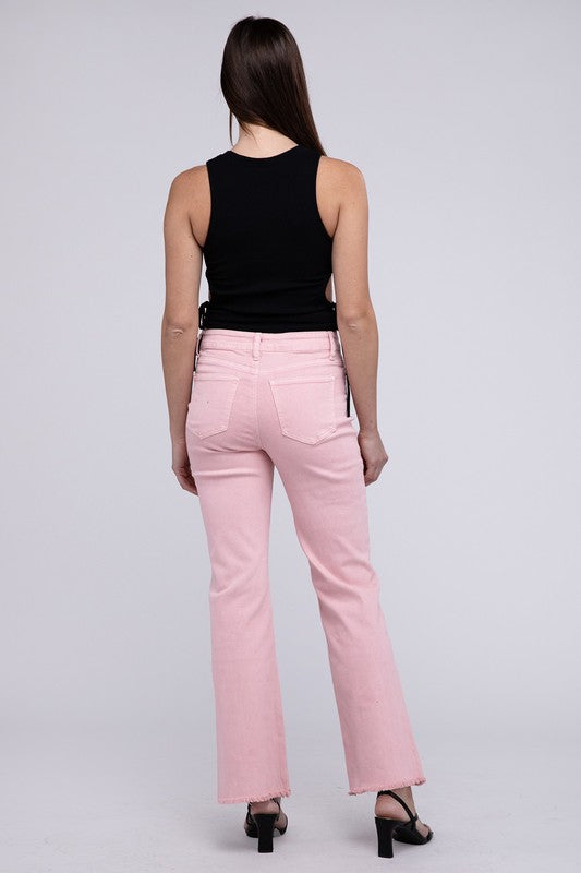 A person standing in Acid Washed Frayed Cutoff Hem Straight Wide Pants with black heeled sandals against a plain background.