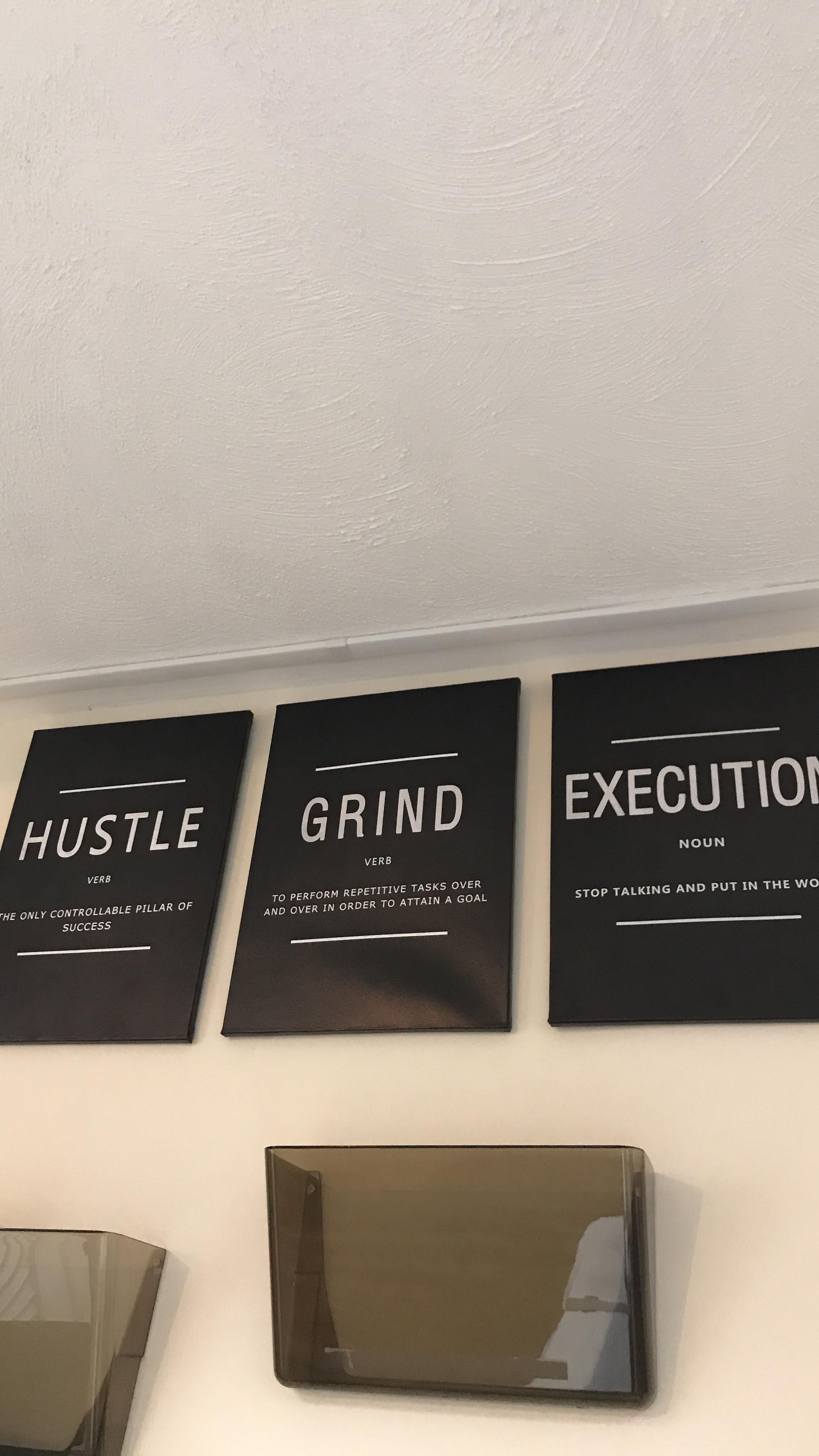 Explore the KAWAHONE Canvas Painting Wall Art set, featuring three distinct motivational posters on sleek black backgrounds, each emphasizing Grind, Hustle, and Execution. Enjoy fast shipping and secure payment options with every purchase to quickly inspire your space.
