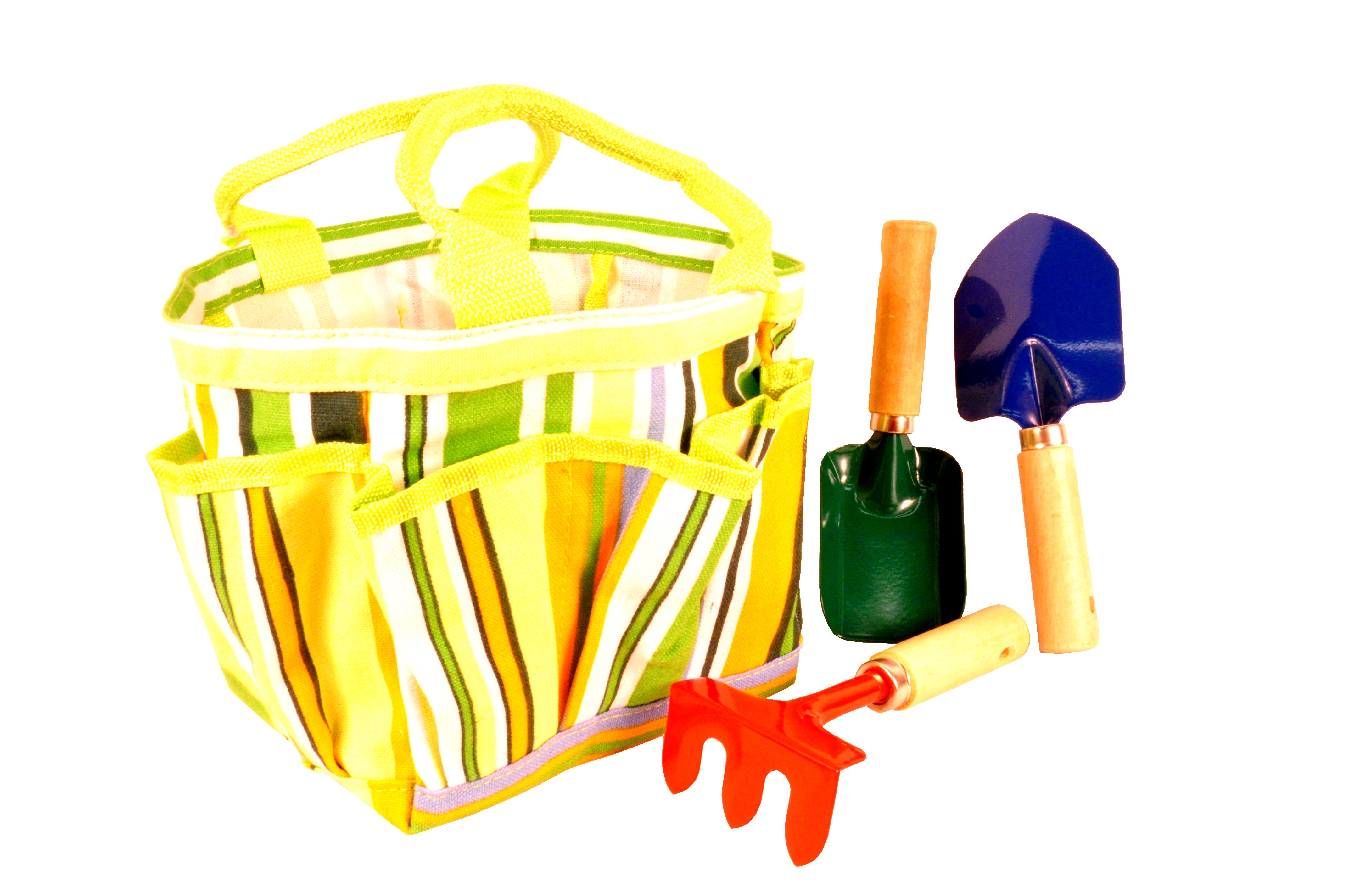 JustForKids Kids Garden Tools Set with Tote: This striped gardening tote with green handles is perfect for young gardeners. It conveniently holds essential tools such as a red rake, a green shovel, and a blue spade in its pockets.