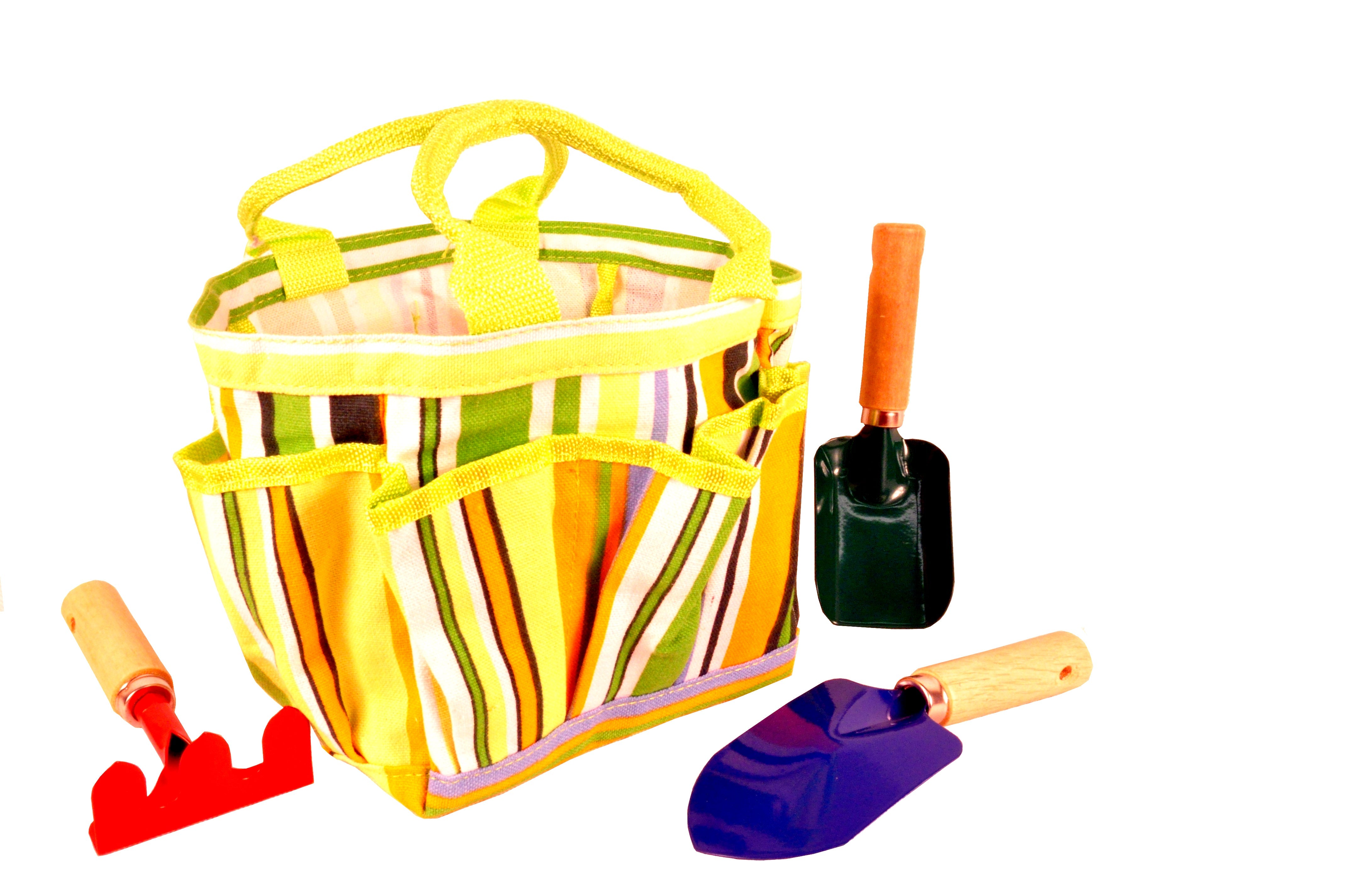 JustForKids Kids Garden Tools Set with Tote: This striped gardening tote with green handles is perfect for young gardeners. It conveniently holds essential tools such as a red rake, a green shovel, and a blue spade in its pockets.