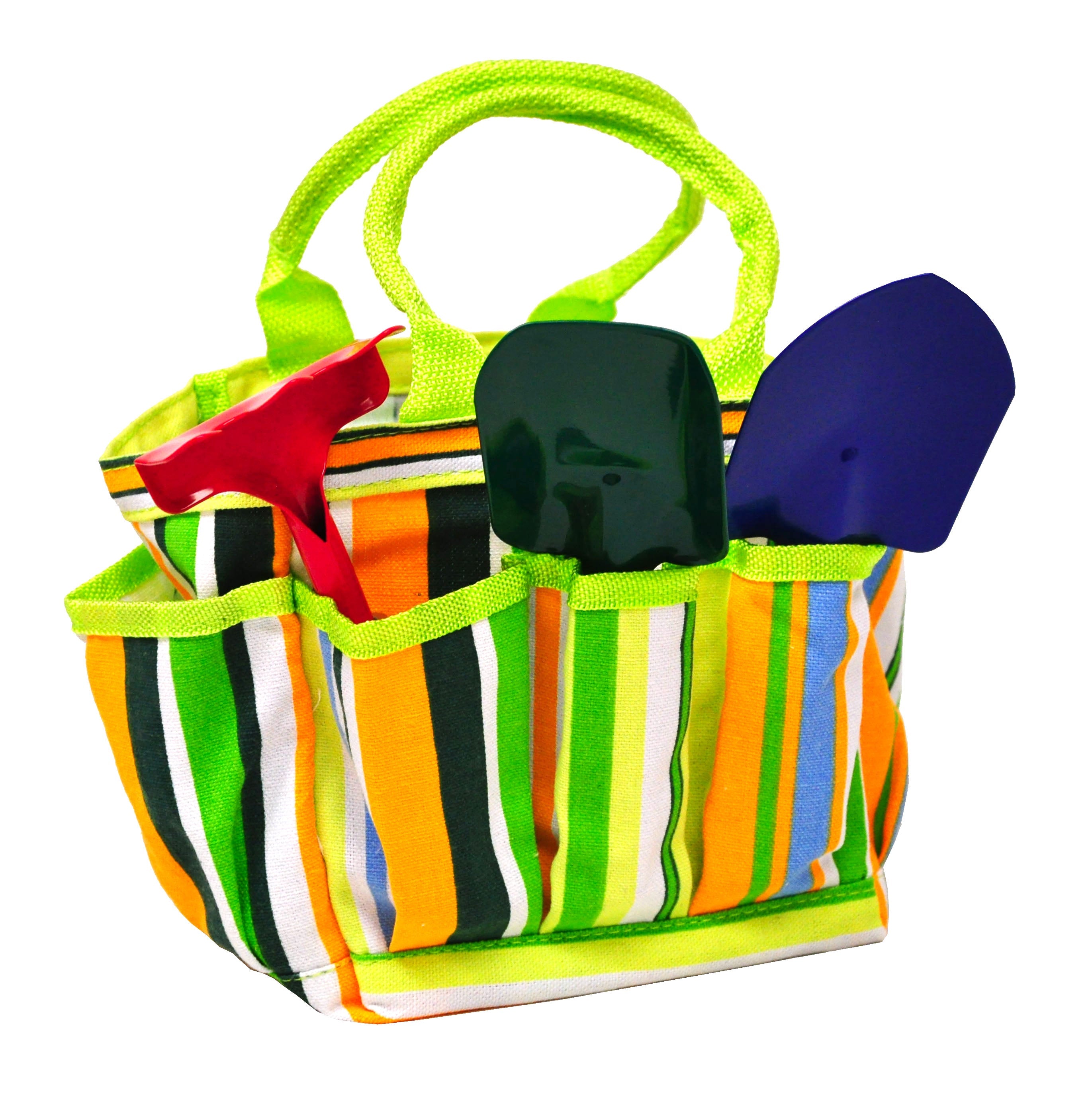 JustForKids Kids Garden Tools Set with Tote: This striped gardening tote with green handles is perfect for young gardeners. It conveniently holds essential tools such as a red rake, a green shovel, and a blue spade in its pockets.