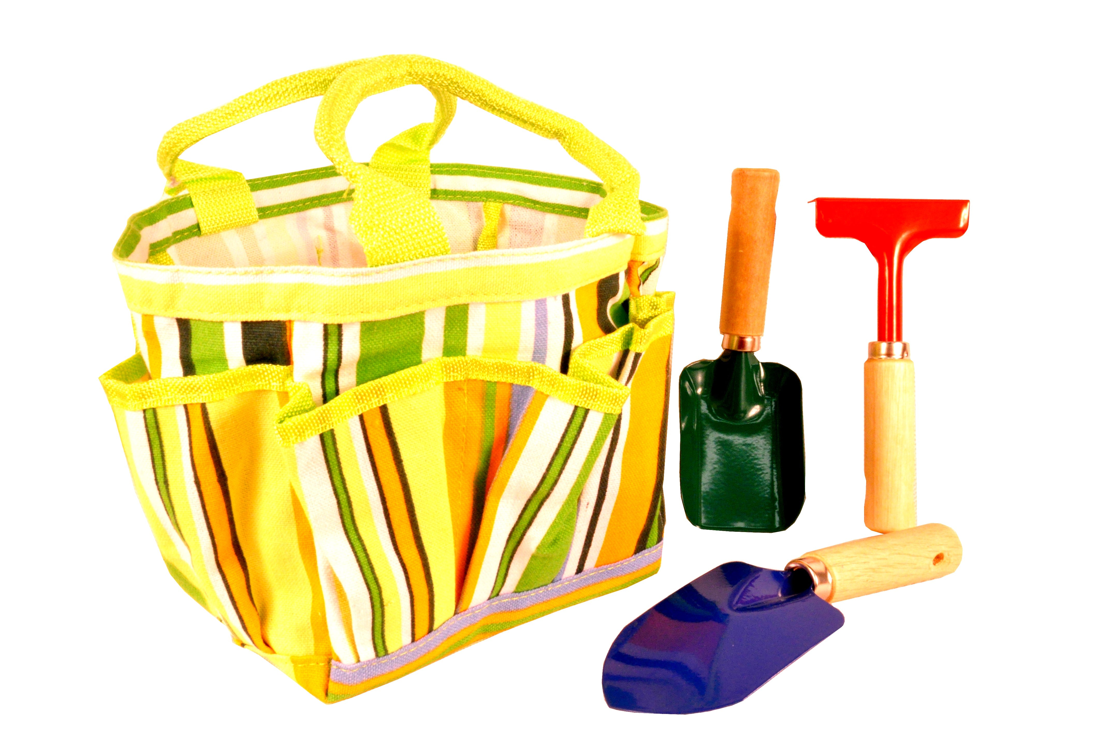 JustForKids Kids Garden Tools Set with Tote: This striped gardening tote with green handles is perfect for young gardeners. It conveniently holds essential tools such as a red rake, a green shovel, and a blue spade in its pockets.