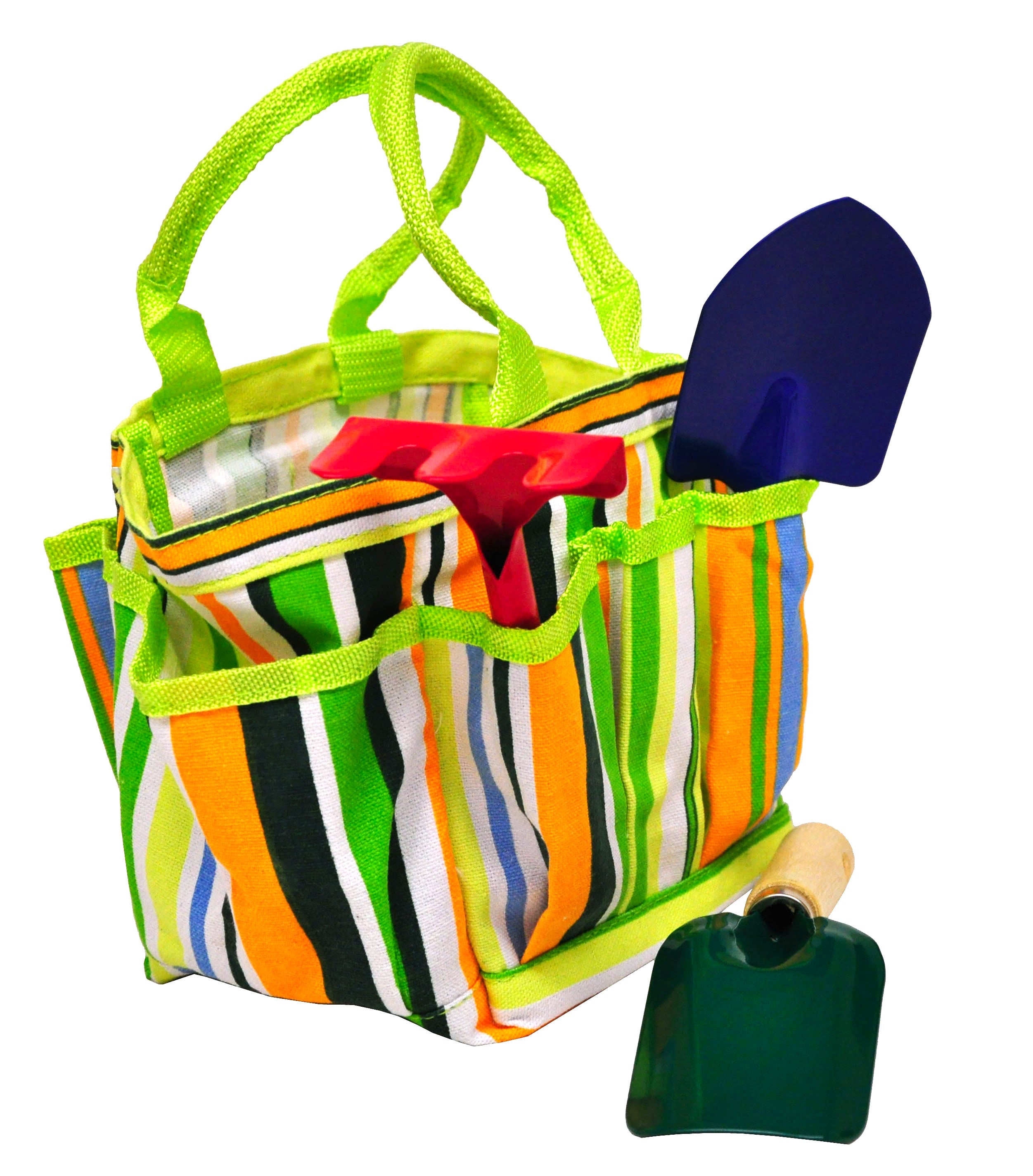 JustForKids Kids Garden Tools Set with Tote: This striped gardening tote with green handles is perfect for young gardeners. It conveniently holds essential tools such as a red rake, a green shovel, and a blue spade in its pockets.